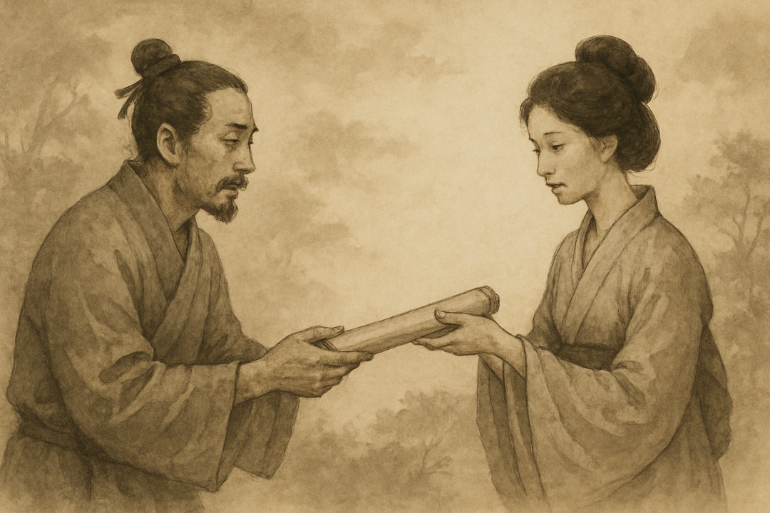 산수화 스타일의 그림으로, 고요한 배경 앞에서 전통 복장을 입은 남성과 여성이 서로 두 손으로 두루마리를 주고받는 장면이 묘사되어 있다. 인물 간의 정중한 교감과 신중한 태도가 강조된 구도로, 신뢰와 조심스러운 마음을 상징적으로 표현하고 있다.