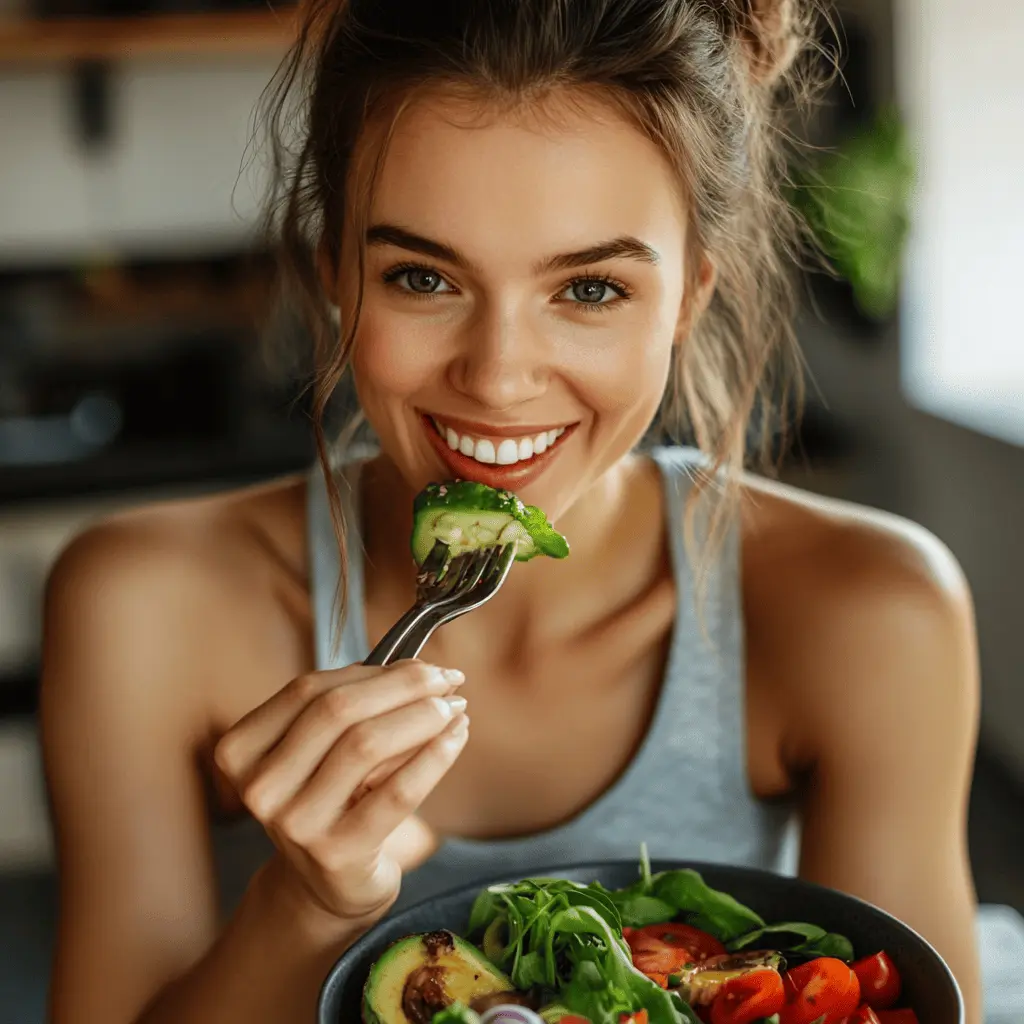 저칼로리 음식을 먹고있는 다이어터모습