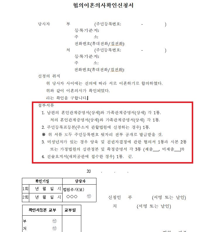 협의이혼신청서 양식 서류 다운로드 작성 방법