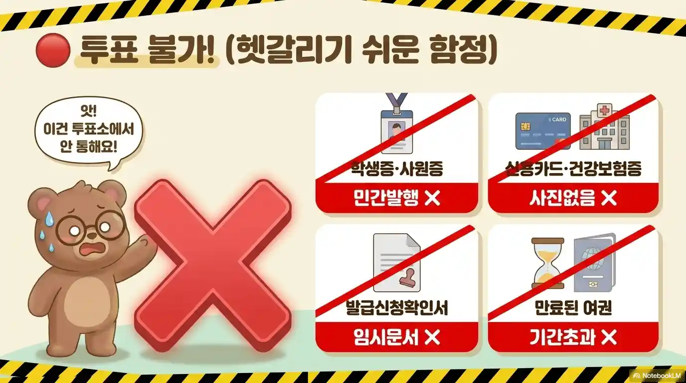 사전투표 불인정 신분증 헷갈리기 쉬운 함정 - 학생증 사원증 민간발행 불가 신용카드 건강보험증 사진없음 만료된 여권 임시문서