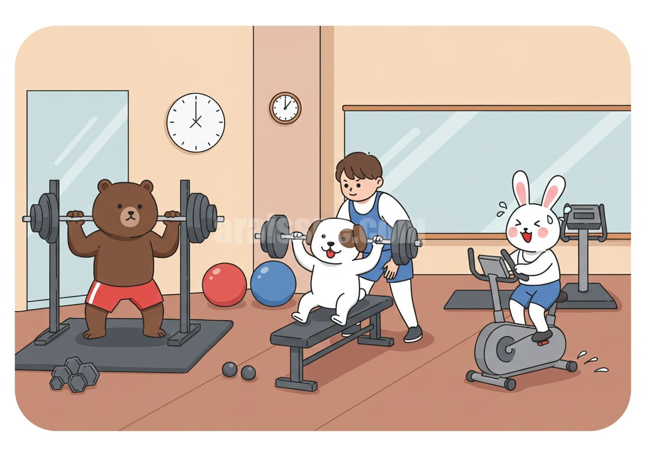 국민체력100 캐릭터들이 헬스장에서 근력과 유산소 운동 중