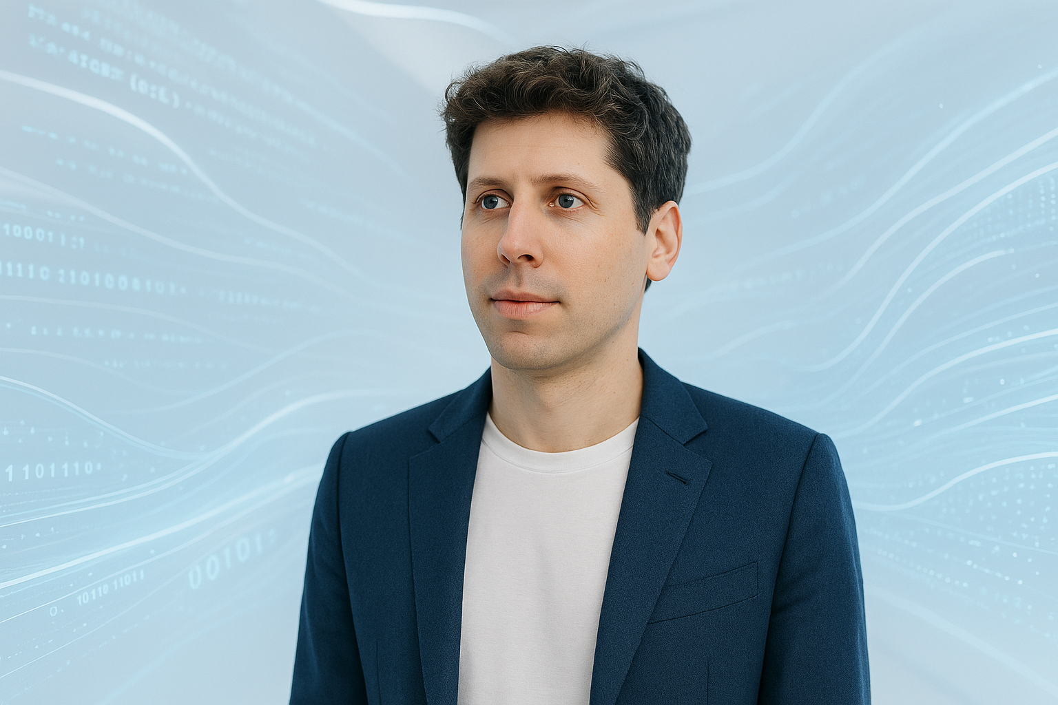 샘 알트만 OpenAI CEO가 AI 소프트웨어 비전을 제시하는 미래지향적 공간에 서 있는 모습