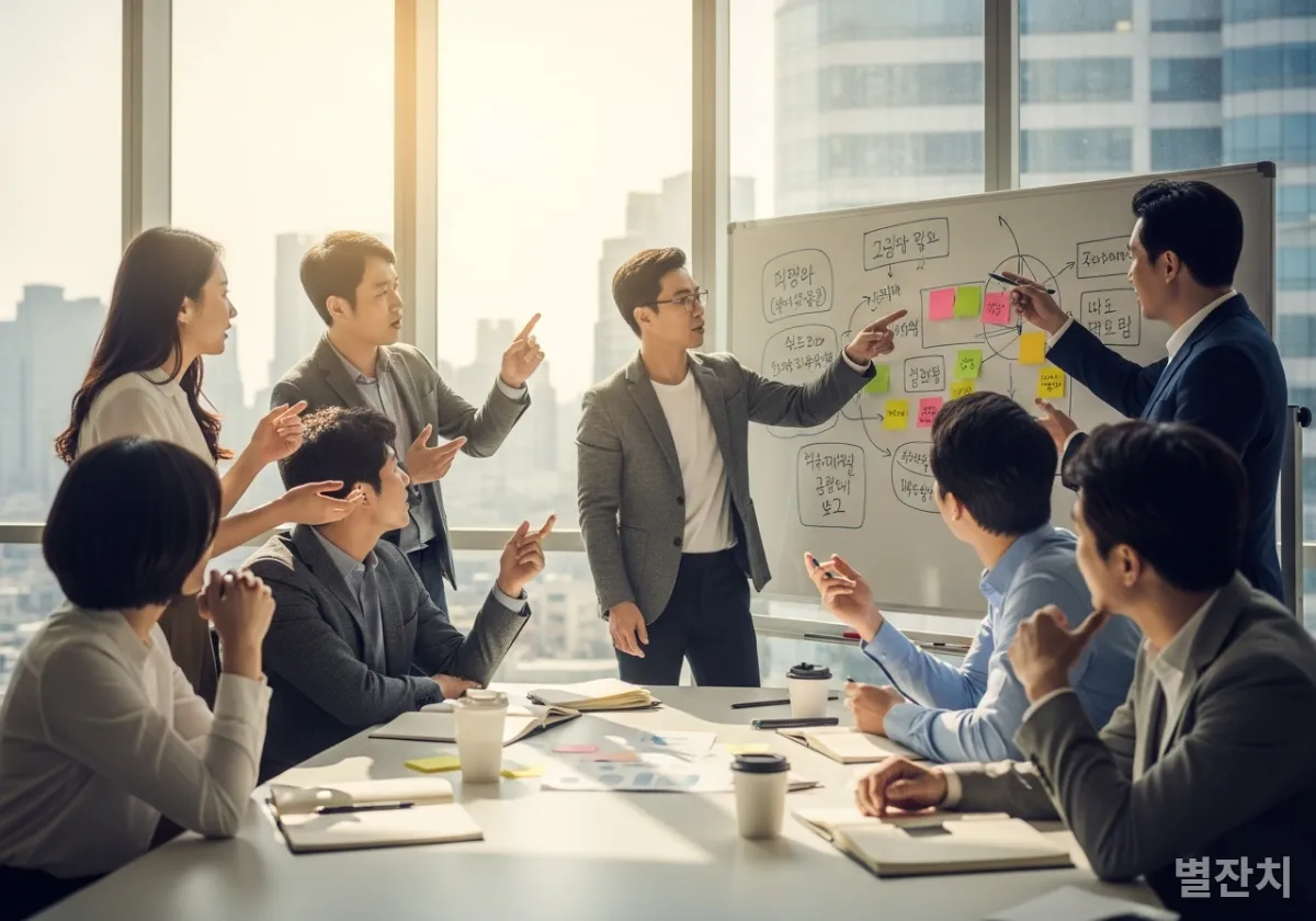 현대적인 서울의 회의실에서 화이트보드 앞에서 열정적으로 아이디어를 토론하고 있는 다양한 한국 직장인 팀의 모습 (경연 문화)