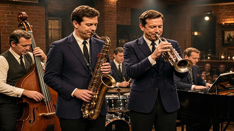 <img src=”jazz-band-saxophone-trumpet.jpg” alt=”색소폰과 트럼펫을 중심으로 여러 연주자가 함께 연주하는 재즈 밴드”>