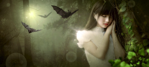 공상 여자가 숲속에서 자는 이미지