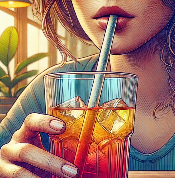 공기압의 원리를 이용한 빨대로 음료를 마시는 모습