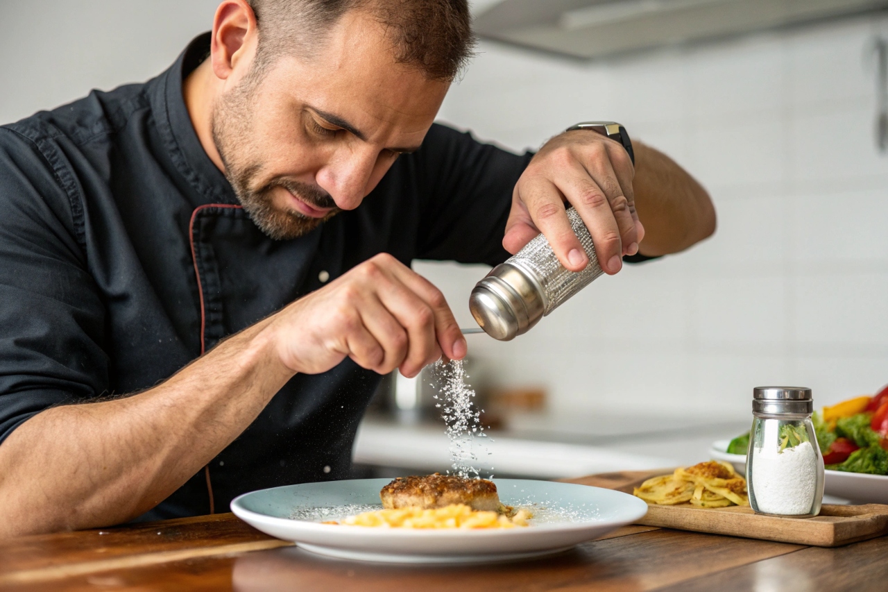 음식에 소금 뿌려먹는 남성