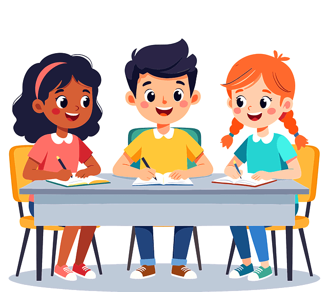 남자 아이와 여자 아이 2명이 나란히 책상 앞에 앉아 공부를 한다.