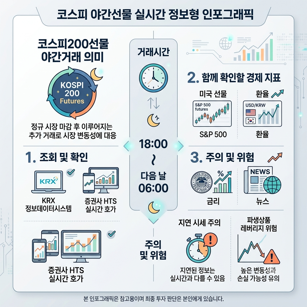 코스피 야간선물 실시간 조회 방법|거래시간·확인 사이트·주의사항 인포그래픽