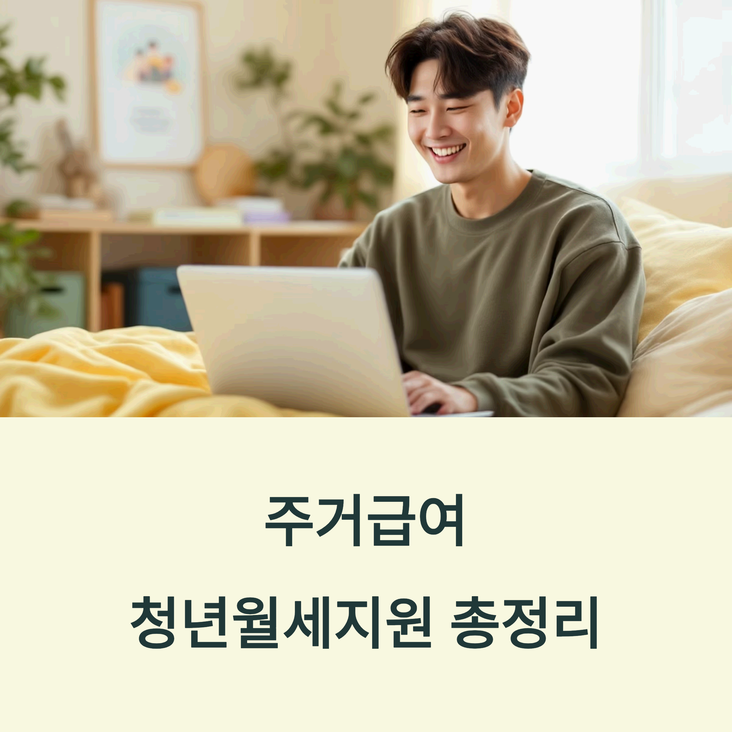 따스한 햇살이 들어오는 아늑한 방 안에서 한 청년이 노트북을 보며 환하게 웃고 있는 모습