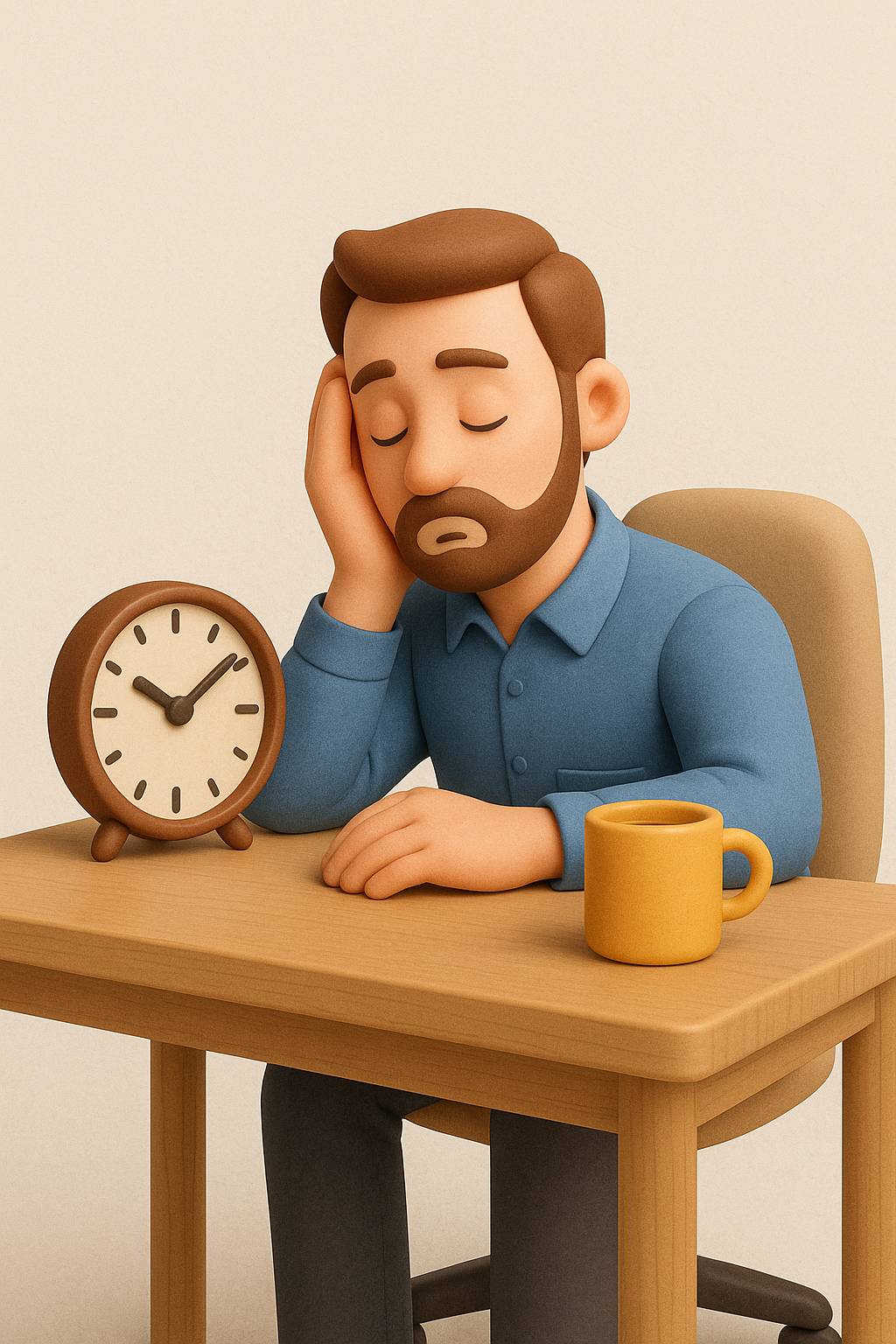책상 위 시계와 커피잔 옆에서 눈을 감고 잠시 휴식을 취하는 근로자의 모습. 근무 중 보장되어야 할 휴게시간의 중요성을 표현한 3D 일러스트.