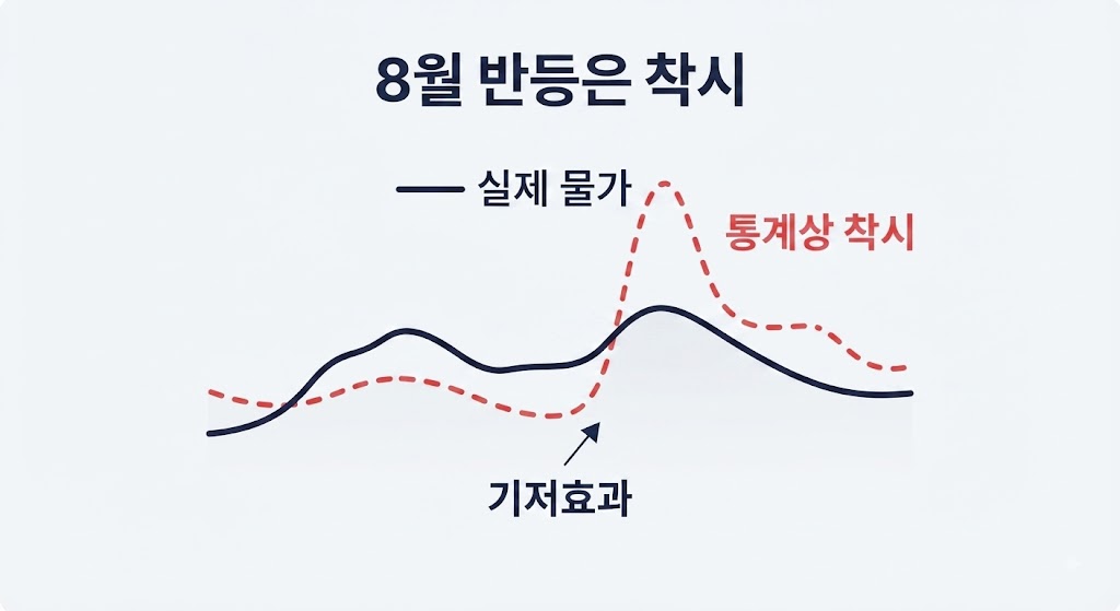 8월 물가 반등이 기저효과로 인한 통계적 착시임을 보여주는 그래프 정보그래픽