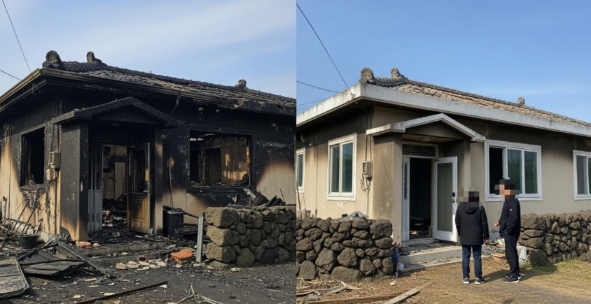 제주도 화재청소 작업전과 후 모습