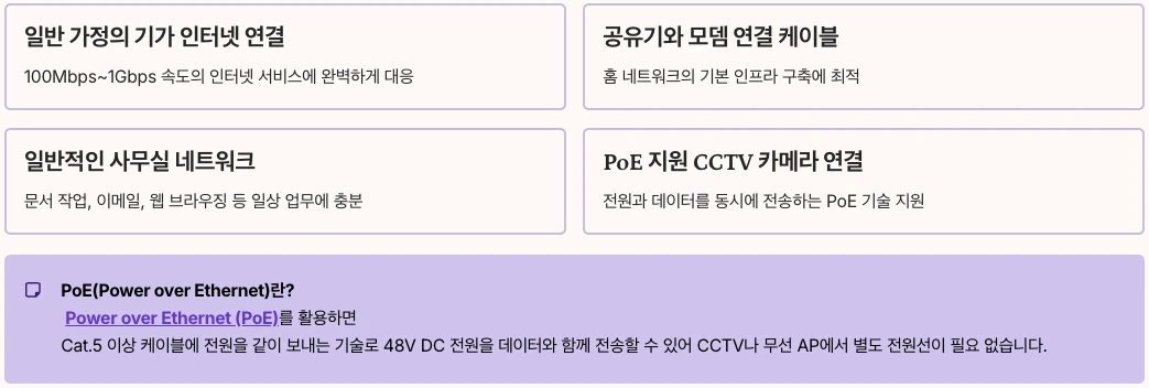 Cat5e 추천 용도 내용 정리