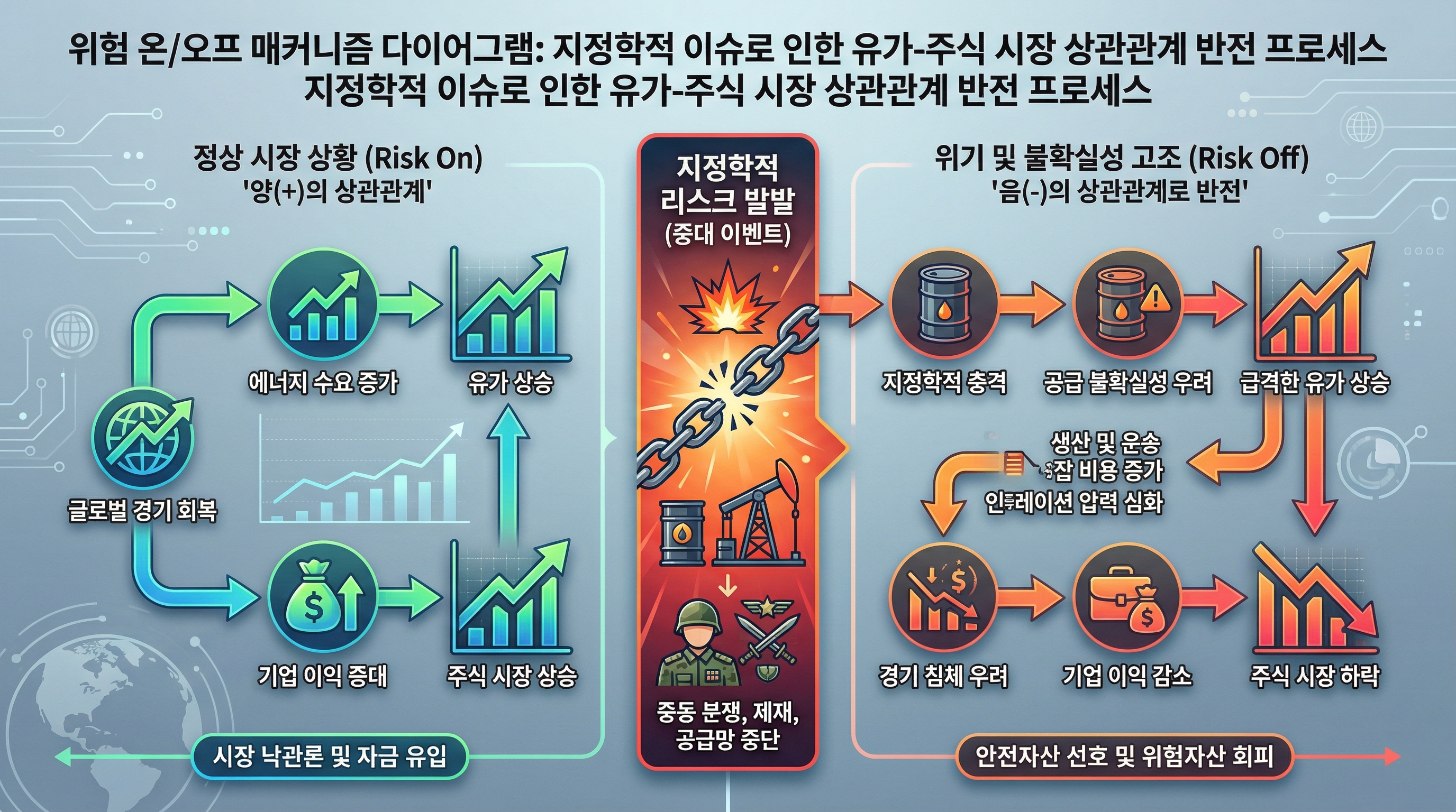 유가와 증시의 상관관계가 지정학적 이슈로 인해 역전되는 과정을 보여주는 '리스크 온오프 메커니즘 다이어그램'