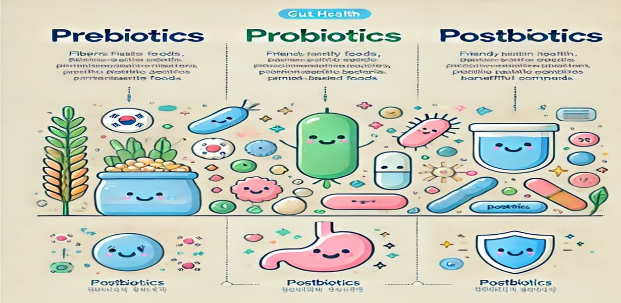 프리바이오틱스, 프로바이오틱스, 포스트바이오틱스를 함께 섭취하면 장 건강을 효과적으로 개선할 수 있다는 개념을 시각적으로 설명한 일러스트