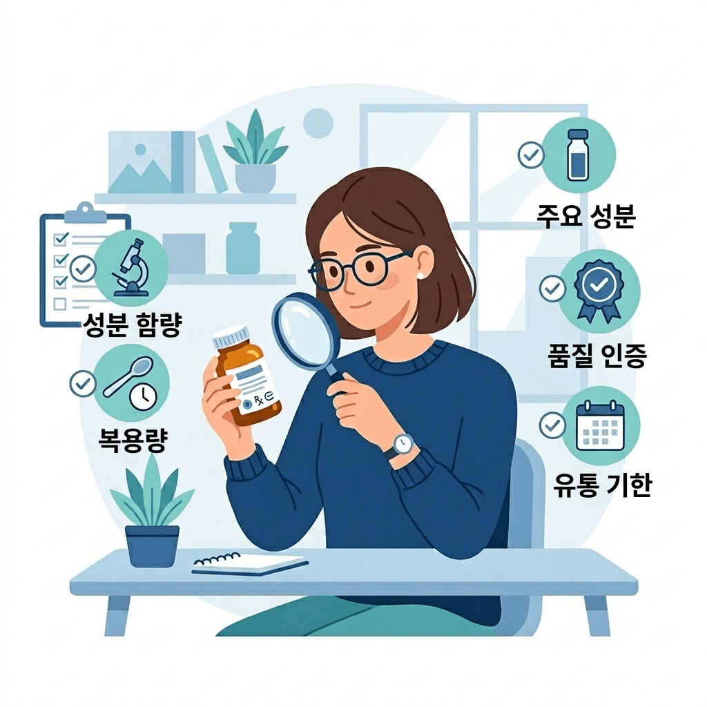 영양제 라벨 확인하는 소비자 일러스트레이션