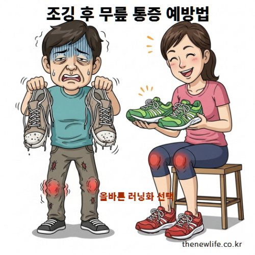 낡은 운동화와 새 러닝화를 비교하며 조깅 후 무릎 통증 예방을 위해 신발 선택을 강조하는 남녀 러너