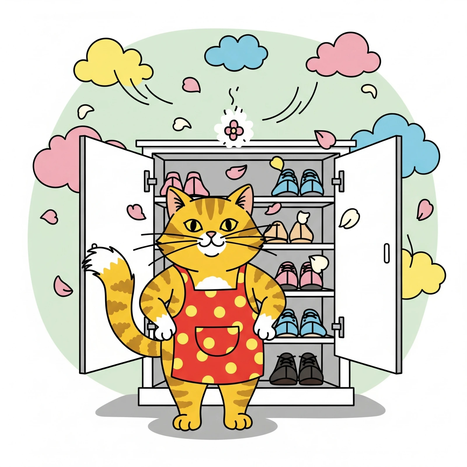 냄새가 사라진 신발장에서 뿌뜻해하는 고양이, Illustration of a cat frisking in a shoebox with the odor gone.