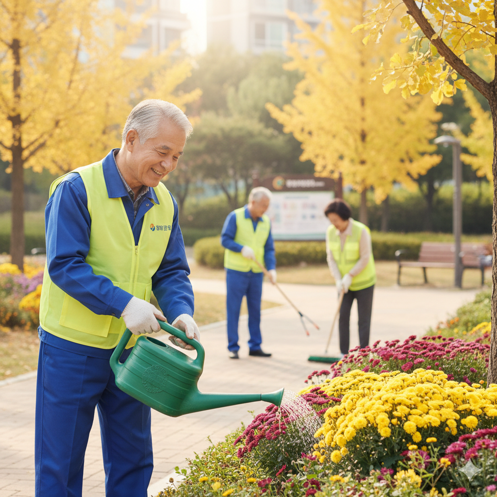 노인들이 노인 일자리를 통해 공원 관리를 하고 있는 모습