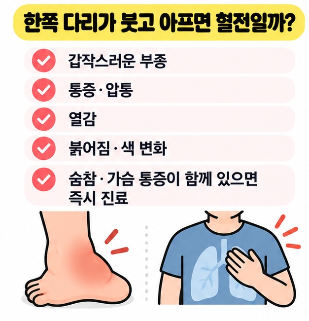 한쪽 다리의 부종, 통증, 열감, 피부색 변화를 보여주는 그림