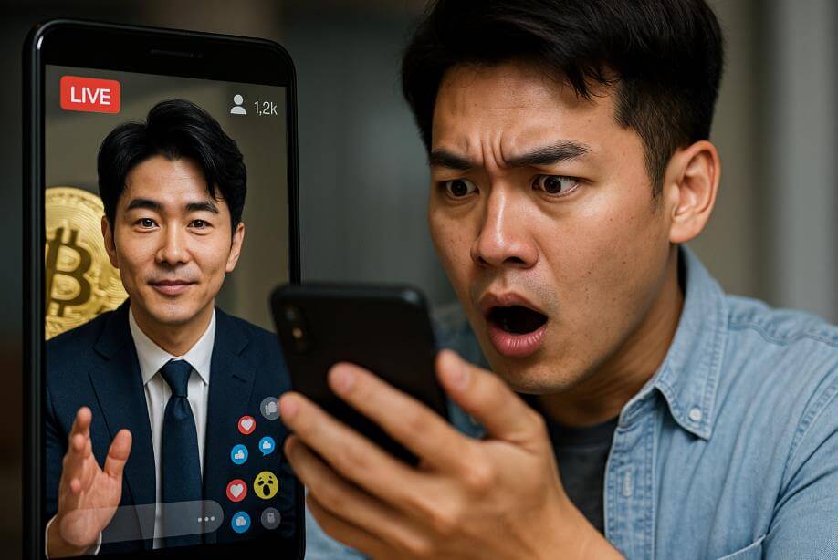 SNS 라이브 화면 속 유명인 딥페이크 영상과, 그걸 보고 놀라는 투자자의 모습