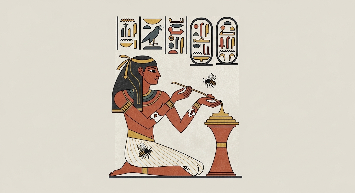 고대 이집트인이 프로폴리스를 상처 치료에 사용하거나 벌집을 묘사하는 듯한 벽화 스타일의 그림, 프로폴리스의 오랜 역사를 보여주는 이미지.
