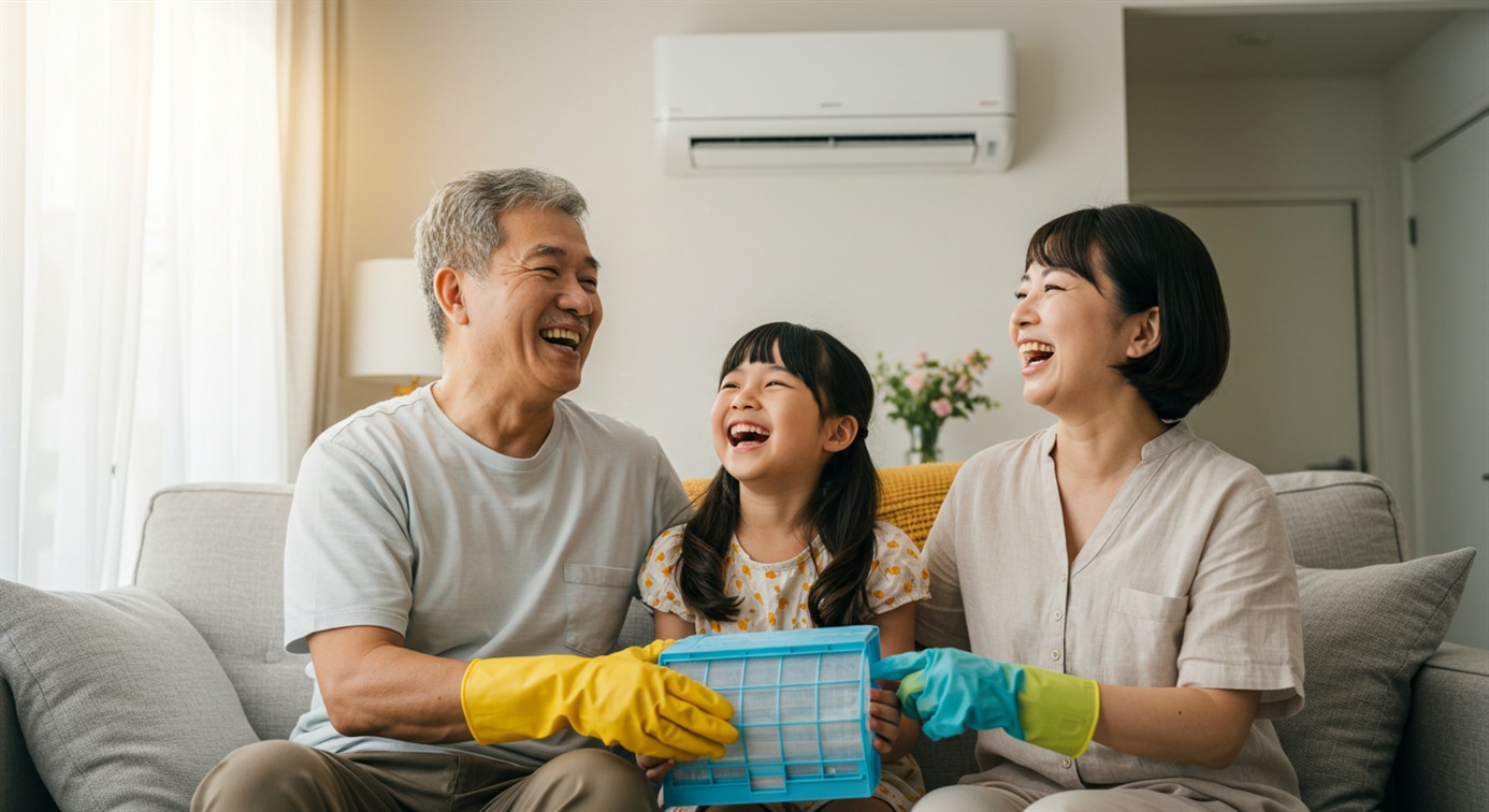 에어컨 필터 청소 후 가족이 쾌적하게 웃으며 실내에서 생활하는 모습, 건강한 여름 분위기
