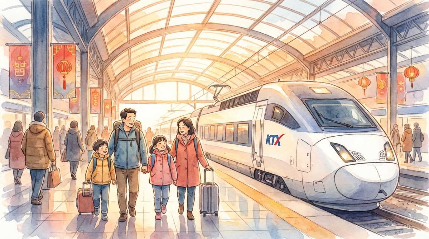 "설 연휴 KTX 탑승 - 기차에 탑승하는 행복한 가족"