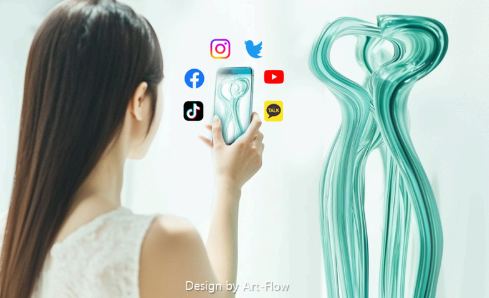 전시 작품을 SNS로 공유하는 Z세대 (이미지: Midjourney기반 직접 제작 / Photoshop 편집 포함) * 출처 : 본 이미지는 특정 브랜드 및 회사 또는 상업적 IP와 관련 없는 독창적인 창작물입니다.