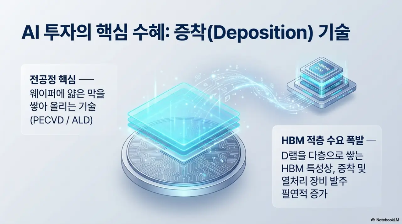 원익IPS의 핵심 기술인 증착 장비를 설명한 이미지. 웨이퍼에 얇은 막을 쌓는 PECVD&middot;ALD 전공정 기술과 D램을 다층으로 적층하는 HBM 수요 확대로 증착&middot;열처리 장비 발주가 필연적으로 늘어나는 구조를 시각적으로 전달함. 블로그의 원익IPS AI 투자 수혜와 관련된 내용을 설명함 