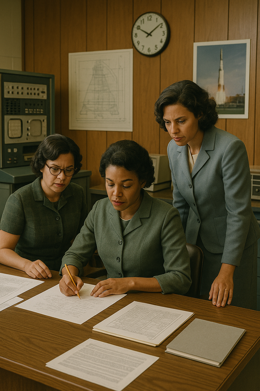 1960년대 NASA 사무실. 책상 앞에서 계산식을 정리하고 있는 흑인 여성 과학자 이미지