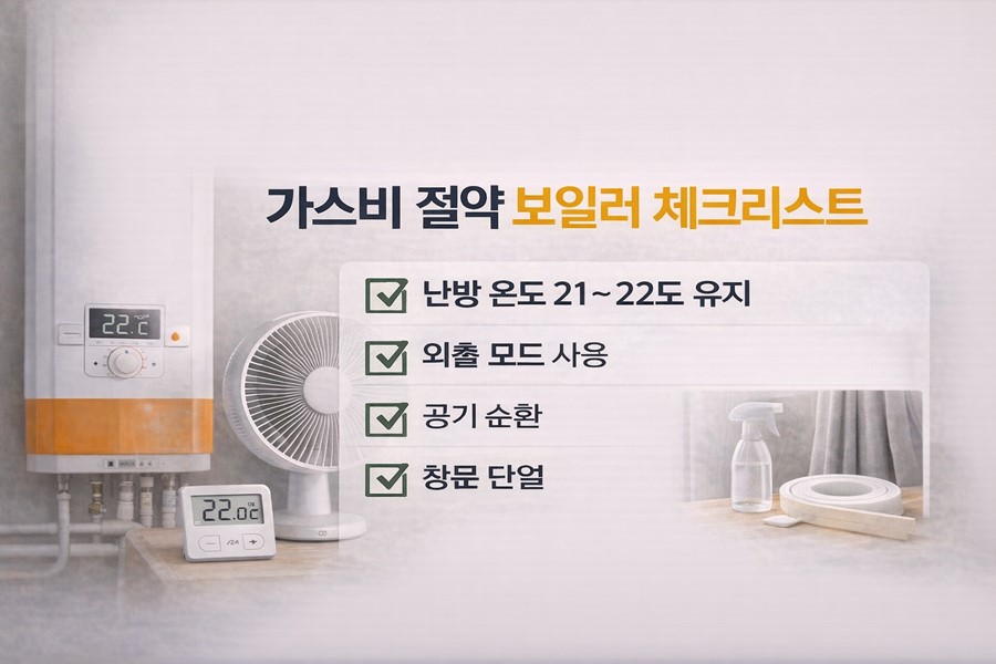 겨울철 난방 가스비 절약을 위해 보일러 적정 온도 유지와 외출 모드 사용, 공기 순환, 창문 단열 방법을 정리한 체크리스트 이미지 입니다.