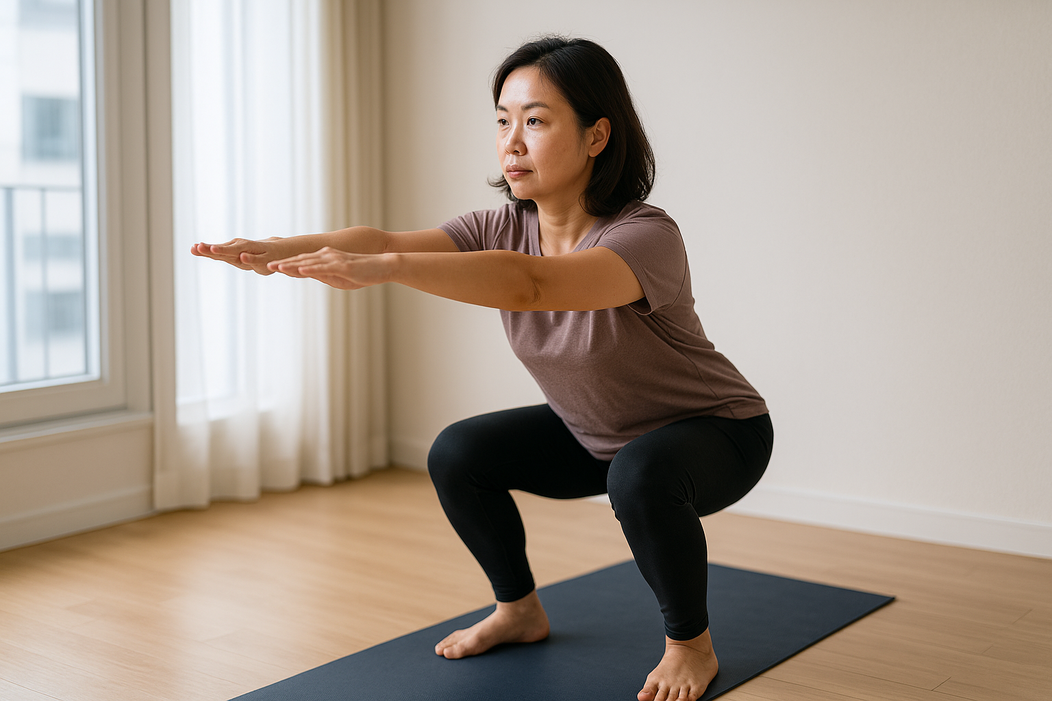 집에서 요가매트 위에 서서 스쿼트를 하는 중년 여성의 실사 사진