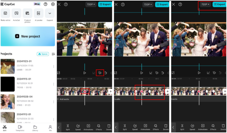 alt="캡컷 키프레임 기능으로 화면 이동 효과 만드는 모습"