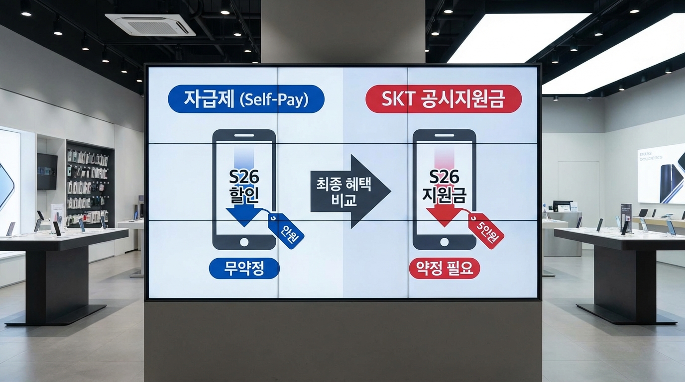 갤럭시 S26 자급제 할인과 SKT 통신사 공시지원금을 비교하는 가격 정보 이미지