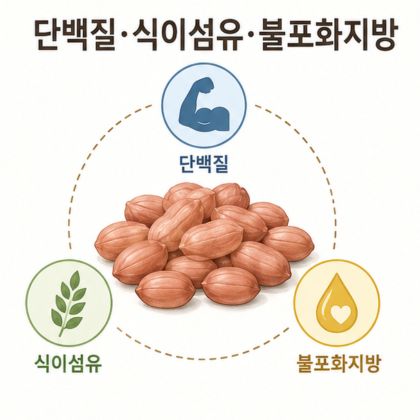 땅콩의 단백질·식이섬유·불포화지방 영양 특징을 설명한 이미지