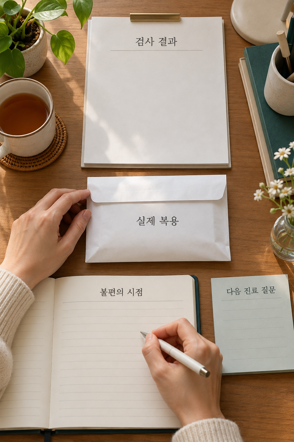 결과지&middot;약 목록&middot;불편 시점 메모를 정리하는 준비 장면
