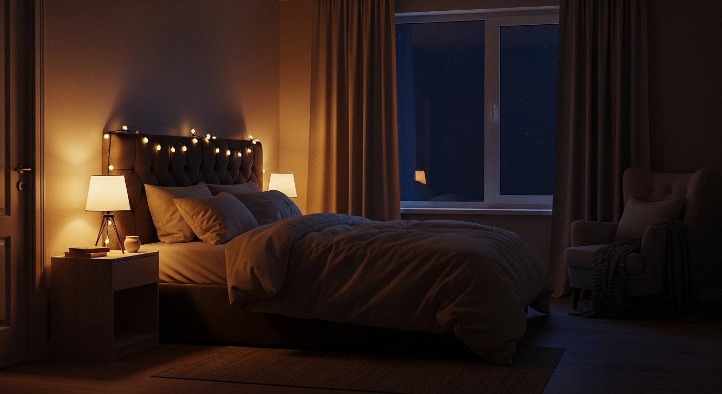 불면증 해결을 위한 암막 커튼과 아늑한 조명 침실 수면 환경 세팅