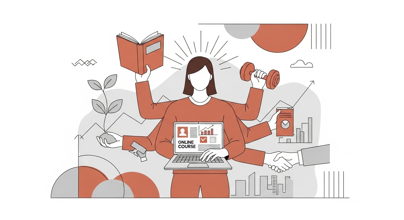 자기계발과 성장을 위해 책을 읽거나 운동하는 사람의 모습