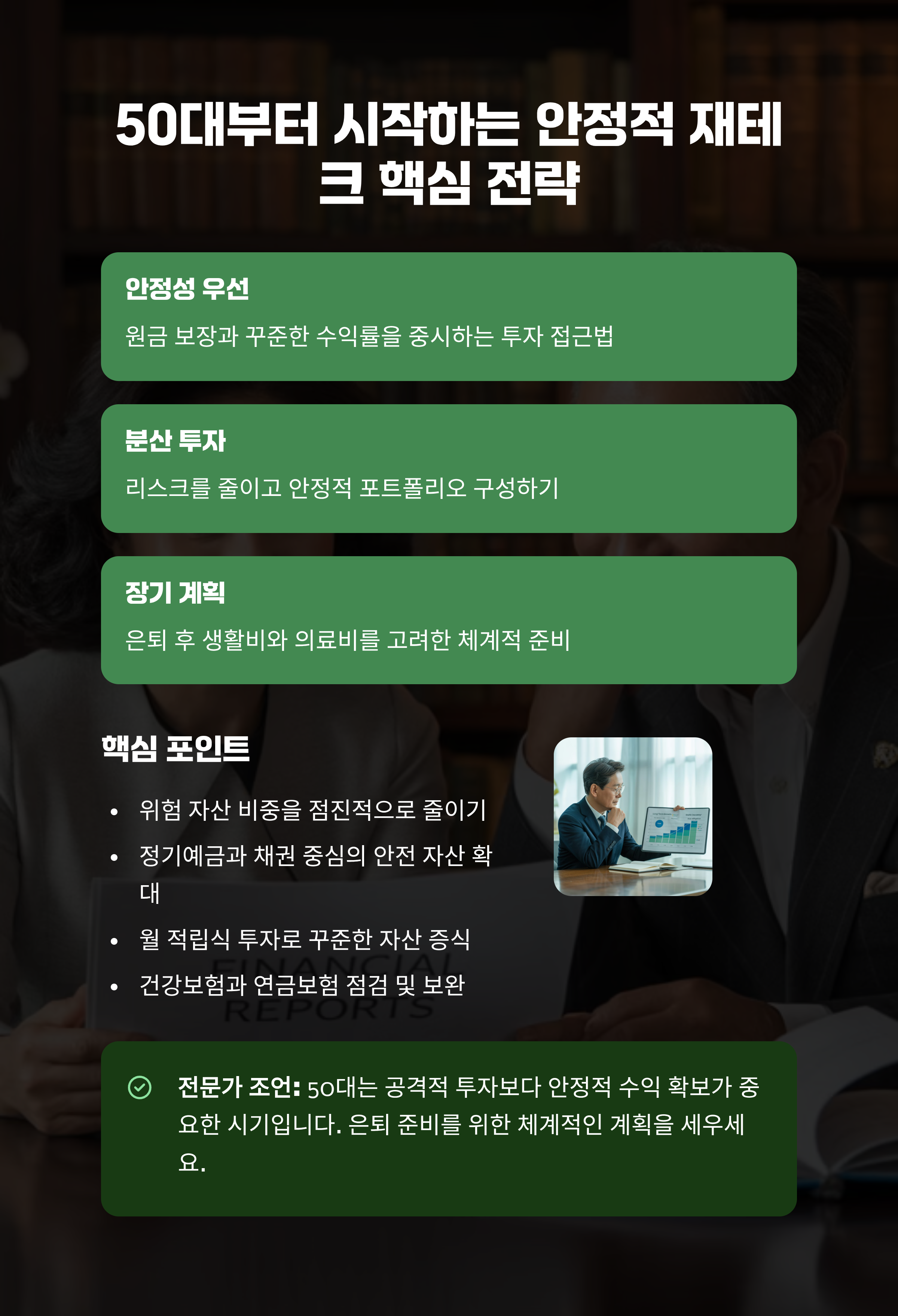 # 50대부터 시작하는 안정적 재테크 핵심 전략
## 은퇴 준비와 노후 생활비를 위한 현명한 선택은 무엇일까요?
---
50대는 본격적인 은퇴 준비의 시작이자, 자산을 안정적으로 지켜야 하는 시기입니다. 무리한 수익 추구보다는 안정성과 지속 가능한 현금 흐름을 우선으로 하는 전략이 중요합니다. 이 글에서는 50대에게 필요한 재테크 방향, 안정적 투자 포인트, 생활 속 관리법 등을 정리해 드리겠습니다.
---
### 자산 배분의 기본 원칙을 다시 점검하기
50대의 재테크는 공격적인 투자보다는 안전 자산 중심의 포트폴리오 구성이 핵심입니다. 현금, 예적금, 채권, 그리고 일부 안정적인 배당 자산까지 균형 있게 배치하는 것이 좋습니다. 분산이 곧 리스크 관리라는 점을 잊지 말아야 합니다.
---
### 노후 생활비 계산부터 출발하기
앞으로 몇 년 후 은퇴를 가정하고 생활비를 구체적으로 산출해 보세요. 현재 지출, 물가 상승률, 예상 수명 등을 고려해 현실적인 수치를 잡는 것이 중요합니다. 이 과정이 곧 재테크 전략의 기준이 됩니다.
---
### 안정적인 현금 흐름 만들기
주식 투자보다 채권형 상품이나 월 배당형 금융상품으로 매달 일정 금액이 들어오는 구조를 만드는 것이 좋습니다. 이렇게 하면 불안한 시장 상황에서도 생활비를 유지하는 데 도움이 됩니다.
---
### 건강 관리도 재테크다
50대 이후에는 예상치 못한 의료비 지출이 커질 수 있습니다. 실손보험과 같은 보장 체계를 준비해 두는 것도 중요한 재테크 전략입니다. 자산이 아무리 많아도 의료비로 무너질 수 있기 때문에 건강 관리 자체가 재테크라 할 수 있습니다.
---
### 부동산은 무리하지 않는 선에서
이미 보유한 부동산이 있다면 안정적으로 관리하고, 추가 투자는 신중해야 합니다. 특히 대출을 통한 공격적 투자는 50대 이후에는 리스크가 커지므로 피하는 것이 바람직합니다.
---
### 세금과 연금 제도 활용하기
연금저축이나 퇴직연금 등 세제 혜택이 있는 제도를 적극적으로 활용해 보세요. 세금을 줄이면서도 안정적인 노후 소득원을 마련할 수 있습니다. 제도의 변화도 꾸준히 체크하는 습관이 필요합니다.
---
### 자녀 지원과 은퇴 자금의 균형 맞추기
자녀 학자금이나 결혼 자금 지원은 어느 정도 선을 정해야 합니다. 무리한 지원으로 본인의 노후 자금이 줄어들면 결국 더 큰 어려움이 찾아옵니다. 균형 있는 판단이 필요합니다.
---
### 생활 속 소비 습관 점검하기
불필요한 지출을 줄이고 꼭 필요한 소비 중심으로 생활 패턴을 조정하세요. 작은 습관 변화가 장기적으로 큰 자산 차이를 만들어 줍니다.
---
❘ 연령대 ❘ 투자 비중 ❘ 핵심 포인트 ❘
❘ ------ ❘ ---------------- ❘ --------------- ❘
❘ 40대 ❘ 성장형 60%, 안정형 40% ❘ 자산 증식에 중점 ❘
❘ 50대 ❘ 안정형 70%, 성장형 30% ❘ 노후 대비와 현금 흐름 확보 ❘
❘ 60대 이후 ❘ 안정형 90%, 성장형 10% ❘ 자산 보존과 생활비 확보 ❘
---
\#재테크전략 #50대재테크 #노후준비 #안정적투자 #은퇴설계 #자산관리
50대재테크, 은퇴준비, 생활비계산, 연금제도, 자산배분