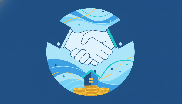 A stylized illustration of two hands shaking firmly over a stack of coins and a small house, symbolizing financial agreement and shared goals for a home. The background shows abstract lines representing communication. Use a classic blue color palette with highlights of secondary colors. Minimalistic, clean art style.