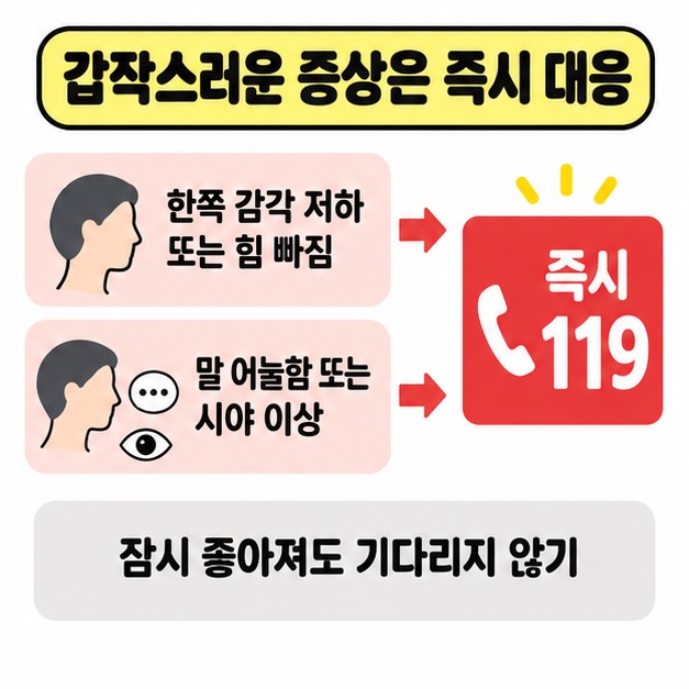 갑작스러운 한쪽 감각 저하나 힘 빠짐, 말 어눌함이나 시야 이상은 즉시 119에 연락하고 잠시 좋아져도 기다리지 말라는 안내