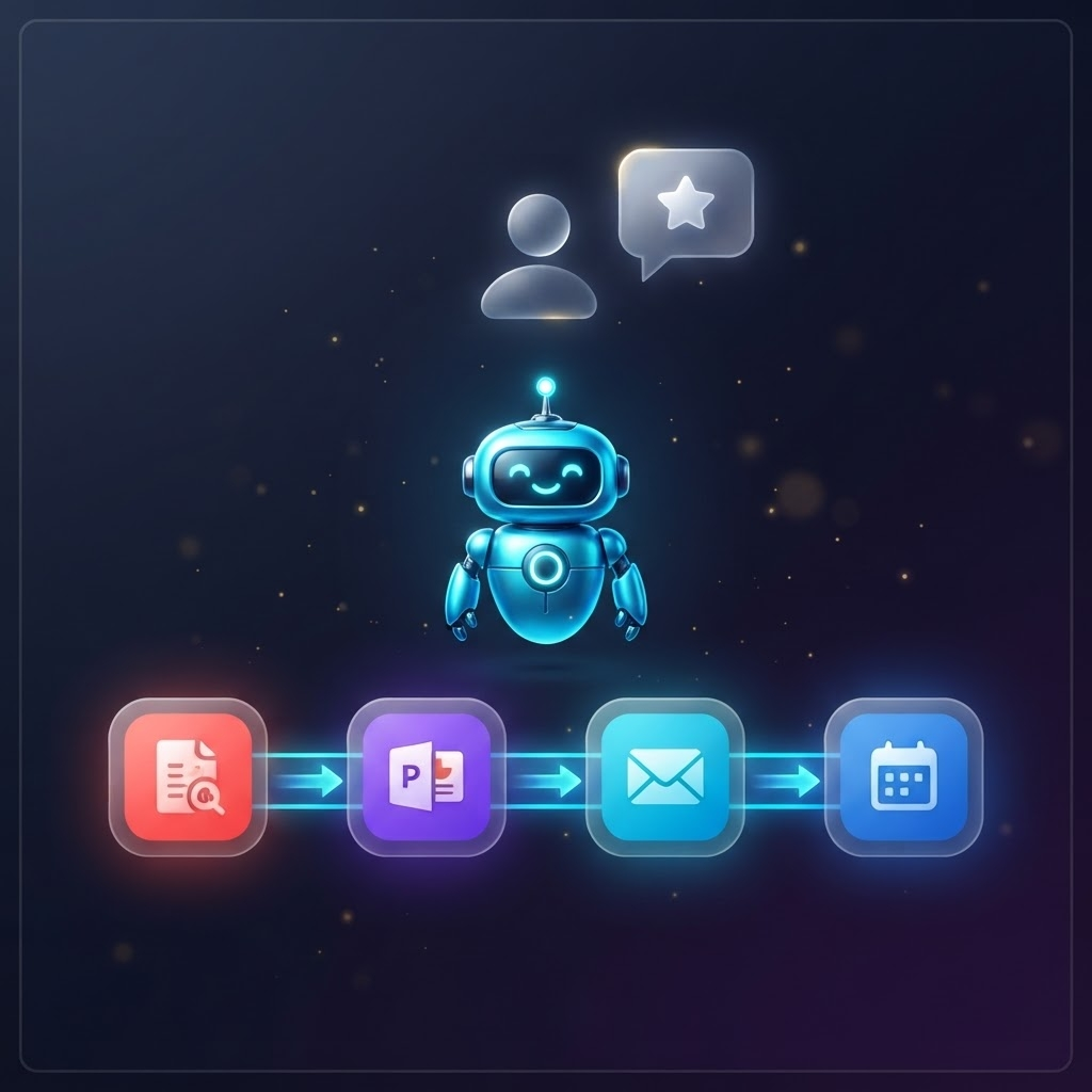 AI 에이전트가 사용자 요청을 받아 문서 정리, PPT 제작, 이메일 작성, 일정 관리까지 이어서 처리하는 작업 흐름 이미지