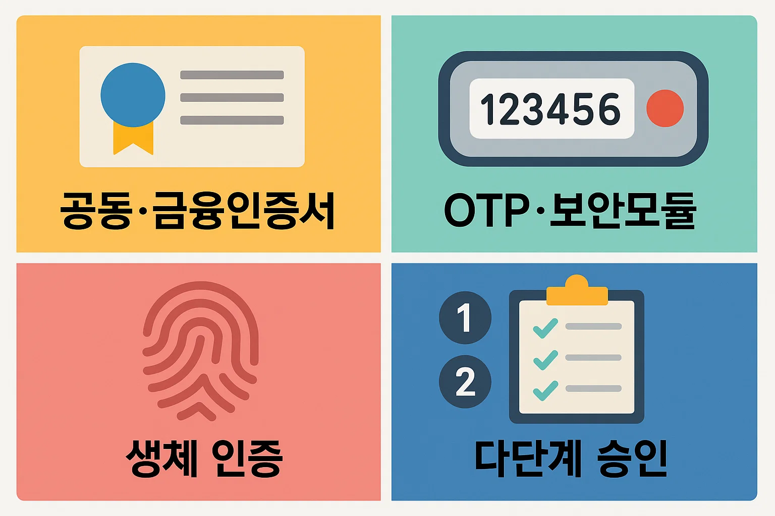 농협 기업인터넷뱅킹을 안전하게 이용하기 위한 공동 및 금융인증서, OTP 보안모듈, 생체 인증, 다단계 승인 등 보안 기능을 안내하는 인포그래픽 이미지