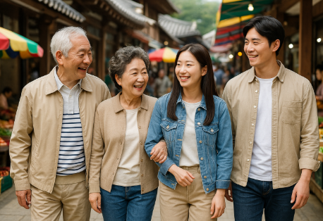 전통시장을 돌아다니며 즐거워하는 가족