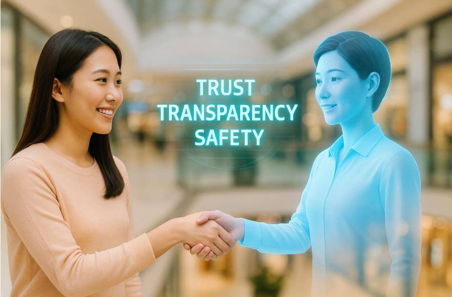 밝은 배경 속에서 소비자와 AI 아바타가 서로 손을 맞잡는 듯한 장면.