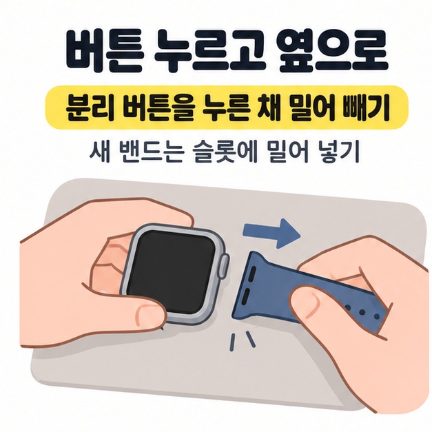 분리 버튼을 누른 채 밀어 빼고 새 밴드를 슬롯에 넣으라는 문구와 매트 위 워치 및 분리된 밴드를 잡은 손 그림
