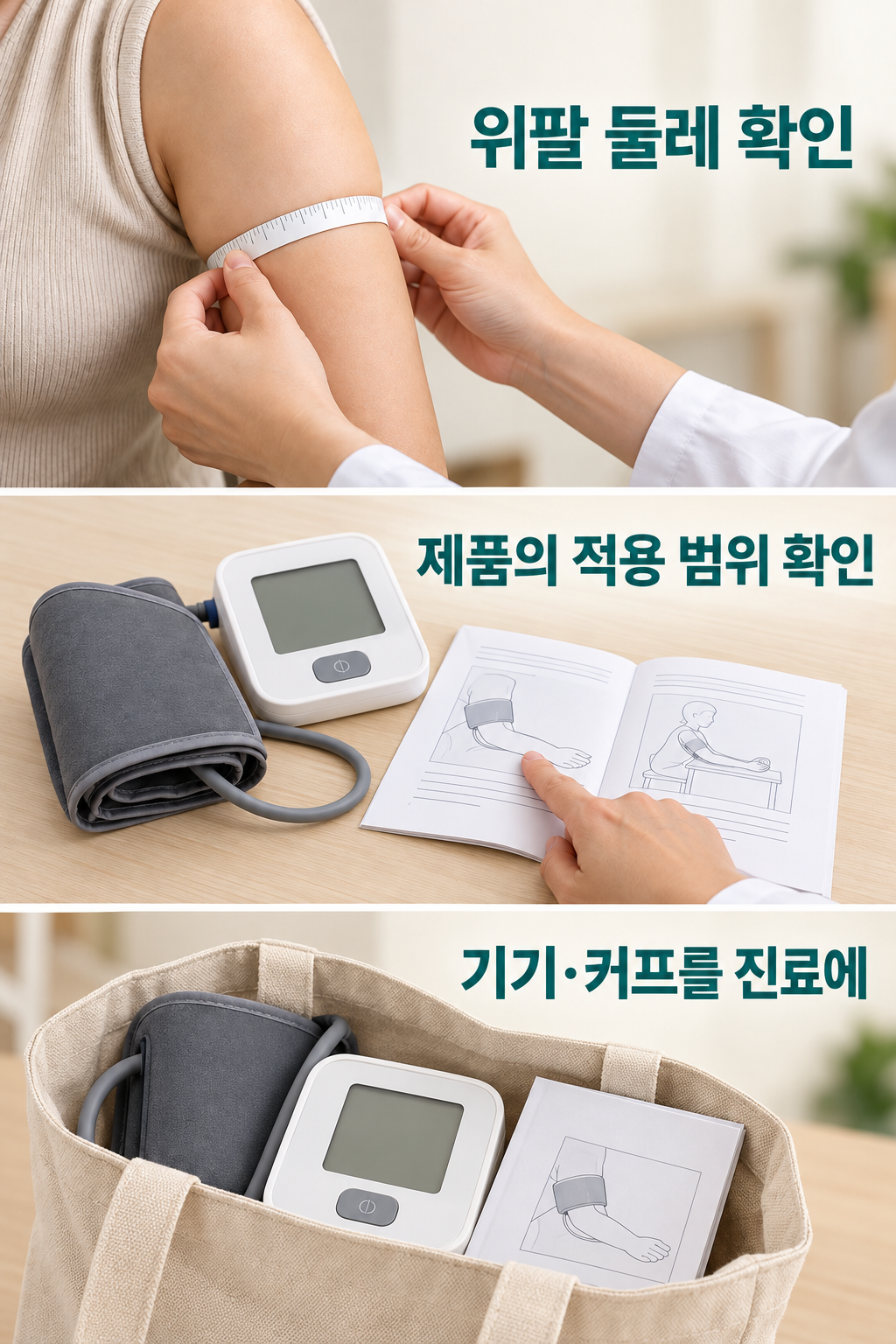 위팔 둘레를 재고 제품 설명서의 적용 범위를 확인한 뒤 혈압계와 커프를 진료에 준비하는 구성