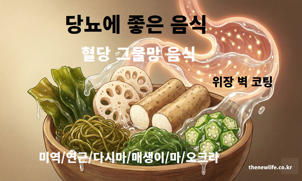 당뇨에 좋은 음식 끈적한 점액질이 늘어나는 연근과 미역 컨셉 이미지